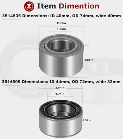 for Polaris Ranger 900 1000 XP Wheel Bearings 2013-2019 Front and Rear (4) Crew Replace 3514635, 3514699