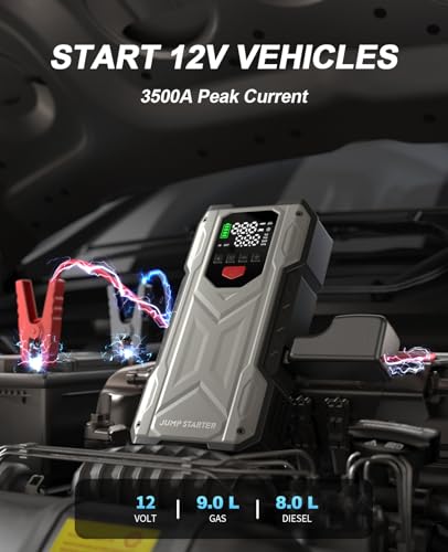 Pabulum Car Jump Starter with Air Compressor, Portable Battery Charger jumpstart 12V Vehicles(9.0Gas 8.0LDiesel), Car Jumper Starter with 150PSI Tire Inflator, Jump Box with USB Charging &LED Light