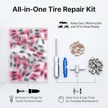 SYOWADA Tire Repair Kit, 94 PCS Tire Plug and Sealant Tools for Car Motorcycle and ATV, Complete Flat Tire Fixing Set