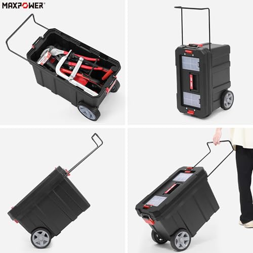 MAXPOWER Rolling Tool Box with Wheel, Lockable Deep Tool Box | 8 Gallon Storage Capacity Black Toolbox with Removable Tray and Latches - size: 16", style: 8-gallon Rolling tool box