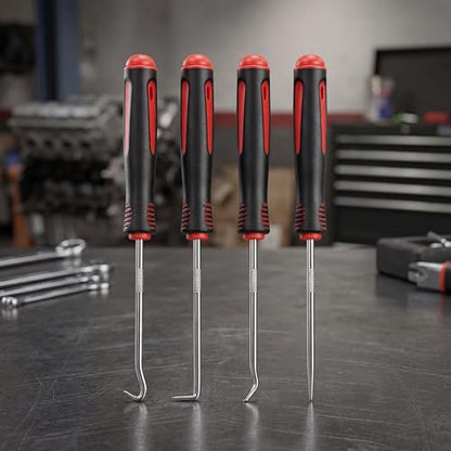 Lockpick Set, Hook and Pick Set 4 Piece, O Ring Pick Tool Set with Comfort Grip, Precision Automotive Pick Tool for Oil Seal and Gasket Removal, Lock Pick Set Kit for Electronic Repair, Black and Red