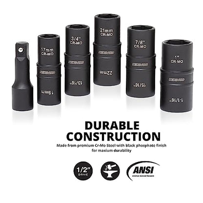 NEIKO 02287B 6-Pc 1/2-Inch-Drive Impact Socket Set, 10 SAE & Metric Sizes, Thin Wall Wheel Lug Nut Socket Set, Cr-Mo, 3-Inch Extension Bar, 6-Point, 19 & 21mm Sockets - size: 6 Piece, style: Flip Socket