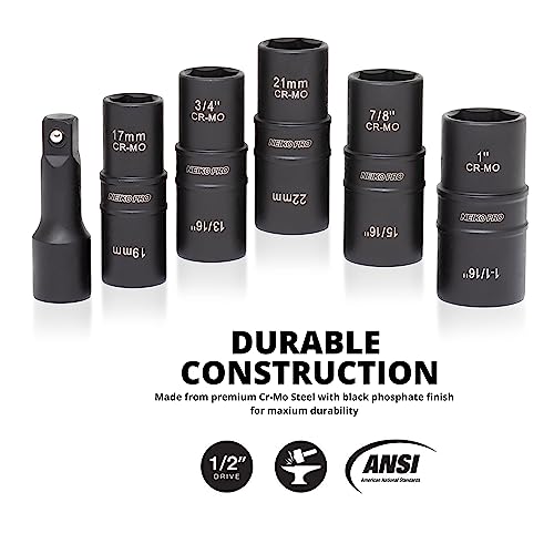 NEIKO 02287B 6-Pc 1/2-Inch-Drive Impact Socket Set, 10 SAE & Metric Sizes, Thin Wall Wheel Lug Nut Socket Set, Cr-Mo, 3-Inch Extension Bar, 6-Point, 19 & 21mm Sockets - size: 6 Piece, style: Flip Socket