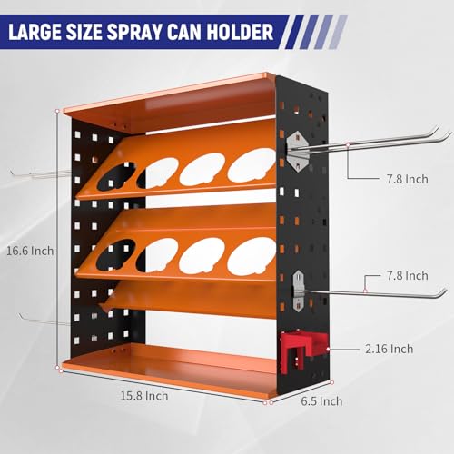 Wall Mount Spray Can Holder, Aerosol Spray Bottle Holder Storage Rack, Heavy-Duty Paint Bottle Organizer with 8 Can Holes & 4 Steel Hooks, 4 Plastic Hooks for Garage, Shop, Home or Tool Trailer - style: A-Spray Can Rack