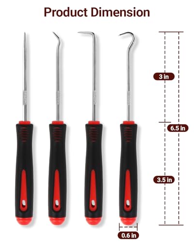 4-Piece Hook and Pick Set, Precision Automotive Pick Tool & O Ring Pick Set with Comfort Grip & Anti-Slip Shaft for Oil Seal, Gasket Removal, and Electronic Repair