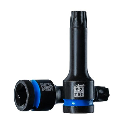 toolant 1/2-Inch Drive T60 Impact Torx Bit Sockets, 2-Piece | S2 steel one-piece sockets feature manganese phosphate coating, pin holes, and laser-etched markings - size: T60