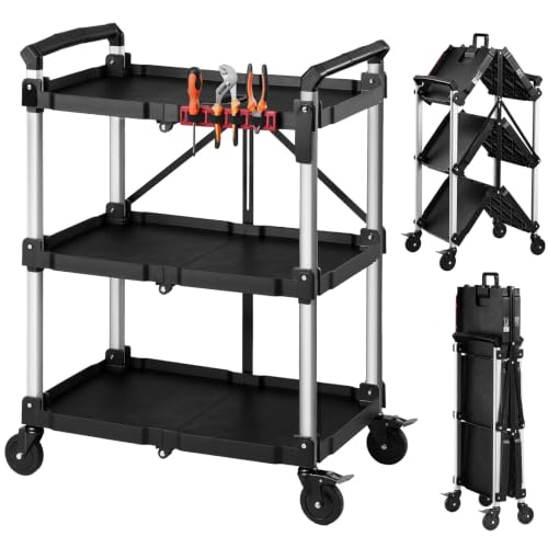 VEVOR 3 Shelf Heavy Duty Folding Jobsite Cart, 3 Tier Rolling Cart with Side Tool Holder & 360° Swivel Wheels (2 Brakes), 300 LBS Folding Utility Cart, Tool Storage for Garage Warehouse Workshop - size: 31.1 x 19.69 x 41.34 in
