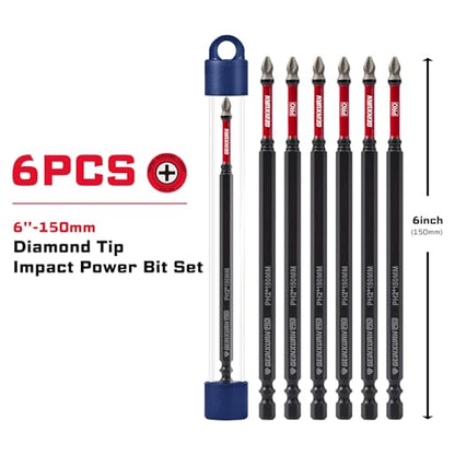 Geinxurn 6Pcs Diamond Coated Impact Screwdriver Bit Set, 6 Inches #2 Phillips Power Driver Bits, Magnetic S2 Steel PH2 Screwdriver Bits Set with Tubes Package - style: 6"-PH2-6PC