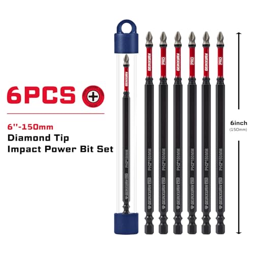 Geinxurn 6Pcs Diamond Coated Impact Screwdriver Bit Set, 6 Inches #2 Phillips Power Driver Bits, Magnetic S2 Steel PH2 Screwdriver Bits Set with Tubes Package - style: 6"-PH2-6PC