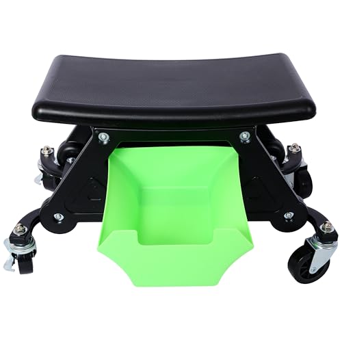 Anwick Mechanic Stool Seat Chair with Wheels, Heavy Duty Rolling Garage Stool with 3 Removable Tool Trays and Drawer, 300 LBS Capacity, Rolling Tool Seat for Shop, Auto Repair (Green) - color: Green