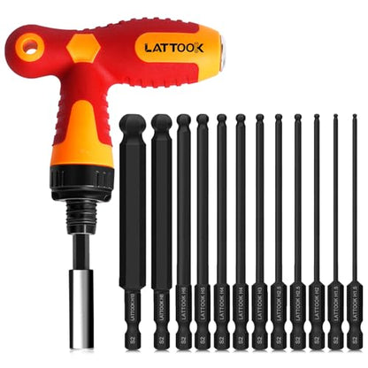 Metric Ball End Hex Bit Set with T Handle Ratchet Driver | LATTOOK 12PCS Ball End Hex Head Allen Wrench Drill Bit Set, Allen Key Drill Bit Set, 4'' Long, Magnetic S2 Steel - style: 12PCS Ball Hex Bits+T Handle