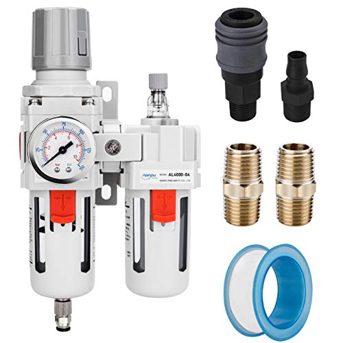 NANPU 1/2" NPT Air Filter Regulator Lubricator Combo, Water Separator | 5-micron brass filter, 0-150 psi gauge, poly bowl, semi-auto drain, 105 SCFM, helps protect tools from moisture and debris. - size: 1/2" NPT, style: Semi-Auto Drain