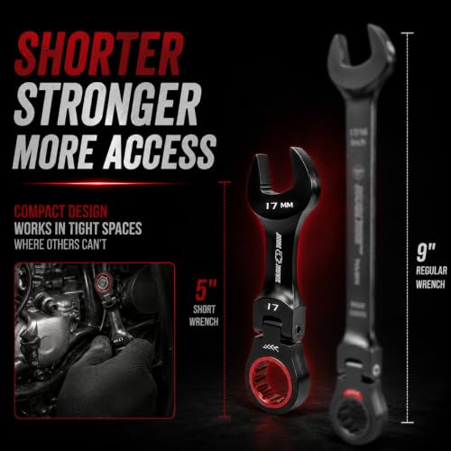 16PCS Stubby Flex Head Ratcheting Wrench Set, SAE & Metric Combination Gear Wrenches, 72-Tooth Short Handle Ratchet Spanner Set for Tight Spaces, Auto Repair & Garage Maintenance, 8-17mm & 5/16"-3/4"