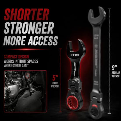 16PCS Stubby Flex Head Ratcheting Wrench Set, SAE & Metric Combination Gear Wrenches, 72-Tooth Short Handle Ratchet Spanner Set for Tight Spaces, Auto Repair & Garage Maintenance, 8-17mm & 5/16"-3/4"