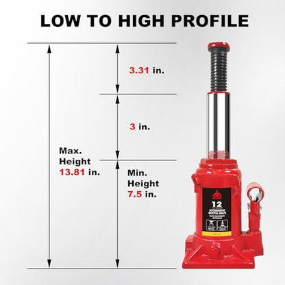 Jack Boss Bottle Jack 12 Ton (24,000 LBs) Hydraulic Car Jack, Fit for Auto Truck Repair and House Lift, AS91207-JB - size: 12T