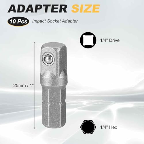 HARFINGTON 10pcs Impact Socket Adapter 1/4" Square Drive 1/4" Hex Shank 1" Long Extension Bit for Axle Nut Driver Drill Socket Sets - size: 1/4" x 1"