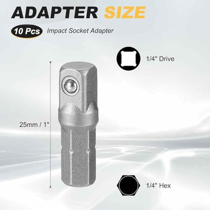 HARFINGTON 10pcs Impact Socket Adapter 1/4" Square Drive 1/4" Hex Shank 1" Long Extension Bit for Axle Nut Driver Drill Socket Sets - size: 1/4" x 1"