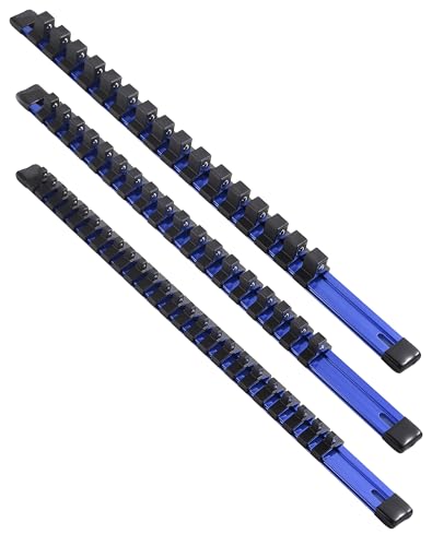 ALOANES 3-Piece Aluminum Alloy Socket Organizer, Heavy Duty Socket Racks, Socket Holder Kit for Toolbox Drawer Fit 1/2, 3/8, 1/4-Inch Socket Holder x 58 Clips (Blue) - color: Blue, size: 3PC