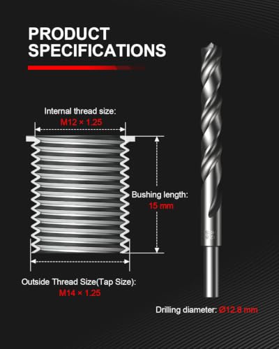 Kolvoii M12 X 1.25 Metric Thread Repair Kit with HSS Drill Bit, Tap, Counterbore and Installation Tool, 10 Solid 304 Stainless Steel Thread Inserts, 15mm Length, for Automotive and DIY Repairs - size: M12x1.25x15mm