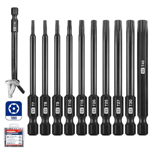 WORKPRO 10pcs Security Torx Bit Set, CNC Machined S2 Steel Star Bit Set, 3" Long Tamper Proof Torx Screwdriver bit with Magnetic Tips, Tamper Resistant Fastener Drive Bits with Storage Box - color: Torx