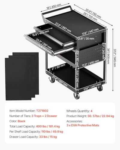 VEVOR 5-Tier Tool Cart with Wheels, 400 lbs Load Capacity, Rolling Work Cart with 2 Drawers & Pegboard, Mechanic Tool Storage Organizer with Locking System for Garage, Warehouse and Repair Shop, Black - style: 5-Tier-400 lbs with 2 Drawers