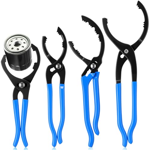 Lothee 4 Pieces Oil Filter Wrench Set, 10'' 12'' 14'' 16'' Oil Filter Pliers Adjustable Removal Tool Pliers for Cars, Trucks, Motorcycles Engine, Conduit, Fittings (Blue) - color: Blue