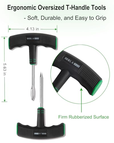 HolaKit 13-Piece Tire Plug Kit with T-Handle Tools and Vulcanizing Plugs | Oversized rubber-grip T-handles improve control while ten self-vulcanizing plugs cover multiple roadside repairs