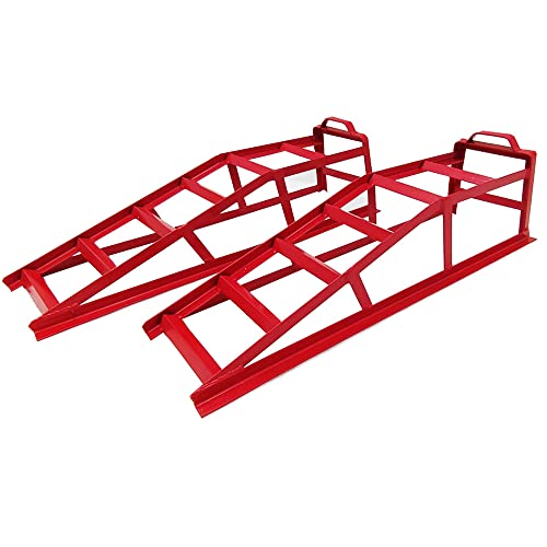 Low Profile Car Ramps,3-Ton Heavy-Duty Steel Service Ramps with Tire Stops for Safe Lifts,Ideal for Oil Changes & Maintenance on Low Clearance Vehicles,3FT,Red (2-Pack)