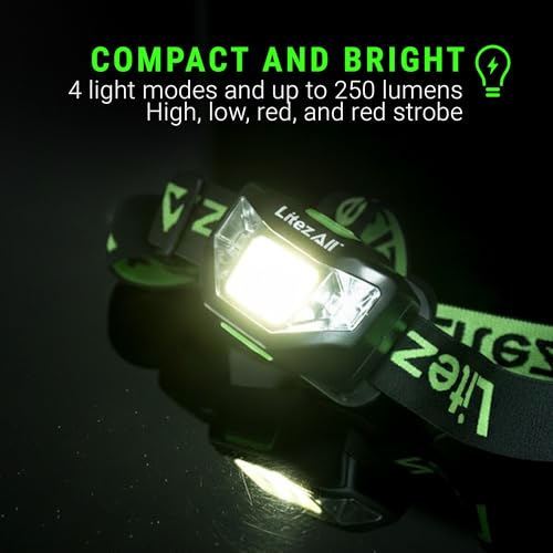 LitezAll Quattro 4 Mode LED Headlamp - Rechargeable Hands-Free Lighting for Camping & Hiking, 2 Pack