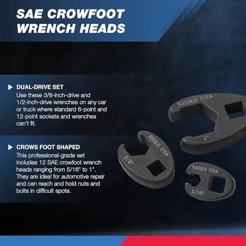 Neiko 03323A Crowfoot Wrench Set 1/2" and 3/8” Drive, 12 Piece, SAE Crows Foot Wrench Sizes 5/16” to 1”, Chrome-Moly Flare Nut Wrench Set - size: 3/8" & 1/2" Drive, style: SAE