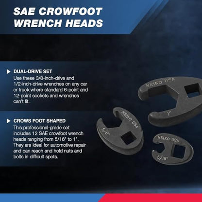 Neiko 03323A Crowfoot Wrench Set 1/2" and 3/8” Drive, 12 Piece, SAE Crows Foot Wrench Sizes 5/16” to 1”, Chrome-Moly Flare Nut Wrench Set - size: 3/8" & 1/2" Drive, style: SAE