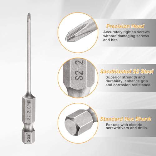 HARFINGTON 4pcs #0 Phillips Screwdriver Bit PH0 1/4" Hex Shank 2.6" (65mm) Long 0.08" Rod Magnetic Cross Head Drill Bits S2 Steel Industrial Screw Driver for Electric Power Tools, Gray - size: PH0 x 2.6" x 0.08"