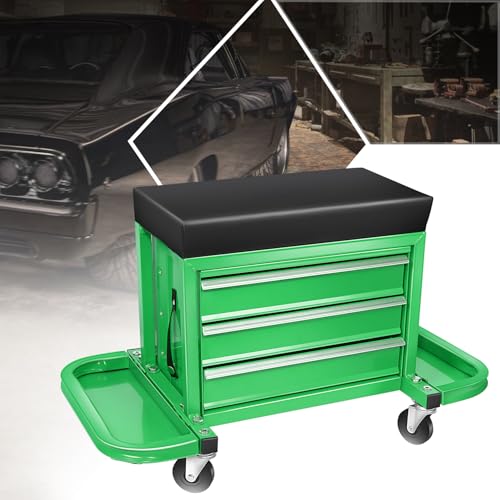 PM PERFORMOTOR 3-Drawer Tool Chest Rolling Mechanic Seat with Tool Trays,350lbs Max Weight Capacity, Green,PM-TOL-RST1-GR - color: Green