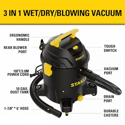 STANLEY 10 Gallon Wet Dry Vacuum, 6 Peak HP Poly Built-in Drain Shop Vac Blower with Powerful Suction, Multifunctional Shop Vacuum W/ 6 Horsepower Motor for Job Site, Garage, Basement, Van, Workshop