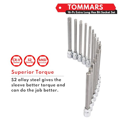 TOMMARS 16-Pc Long Hex Bit Socket Set CR-V and S2 Steel, SAE & Metric | SAE & Metric 1/8-3/8 in., 3-10 mm. Extra Long Allen Socket Set - style: 3-10mm,1/8"-3/8"(16PCS)