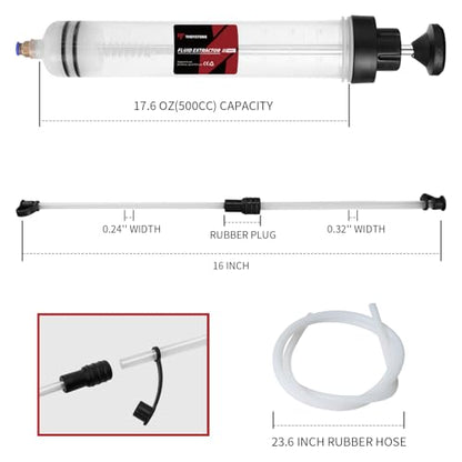 Thorstone 500cc Automotive Fluid Extractor Pump for Easy Oil Change | Manual Oil Change Syringe with 60cm Rubber Hose & 2pcs 22cm PVC Suction Tubes - size: 500cc(60cm hose)