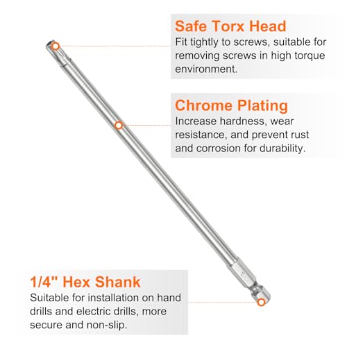 HARFINGTON 2pcs T30 Security Torx Bit 1/4" Hex Shank 6" Long S2 Steel Magnetic Tamper Resistant Star Bits Screwdriver Torx Head with Hole for Driver Drill Bits Remove Fastening Screws - size: T30