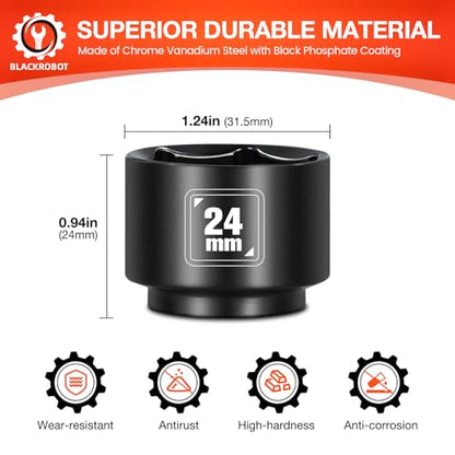 BLACKROBOT 24mm Low Profile Oil Filter Socket, 3/8" Drive 6-Point Oil Filter Cap Remover and Installer Tool, Chrome Vanadium Steel - size: 24mm
