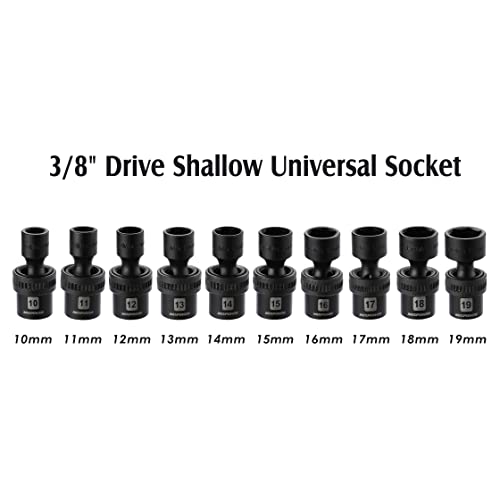 MIXPOWER 10-piece 3/8" Drive Shallow Universal Impact Socket Set, Metric,10-19mm, Swivel Socket with Flexible Wobble, CR-MO - size: 10 Pcs Metric 3/8''Dr. (Shallow)