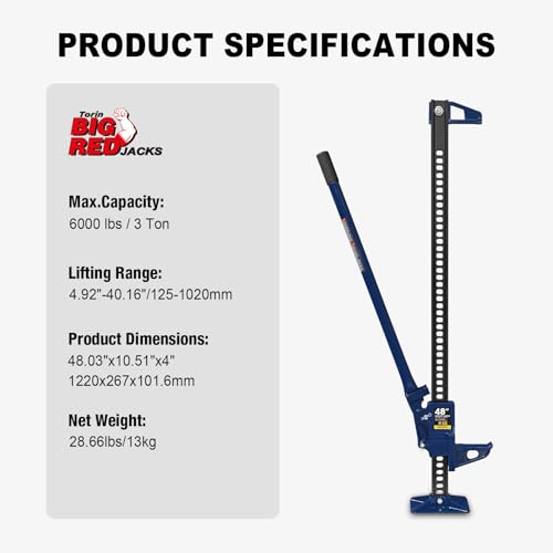 Big RED ATR6501UR Torin 48" Ratcheting Off Road Utility Farm Jack: 3 Ton (6,000 lb) Capacity, Blue - size: 48 inch Blue