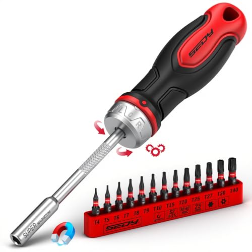 14-Piece 1/4″ Magnetic Ratcheting Screwdriver Bit Set, T4-T40 Torx Bit Set with 1/4 inch Magnetic Bits Driver Multi-bit Ratchet Screw Drivers for Garage, Home, Work, DIY Repair - style: 14 PCS Ratcheting + Torx Bits