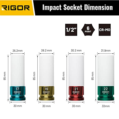 RIGOR 11516 Non-Marring Lug Nut Socket Set | Wheel Protector Impact Socket Set | 1/2" Drive, 6 Point, CR-MO | Metric 17mm, 19mm, 21mm, 22mm - size: 17mm, 19mm, 21mm, 22mm