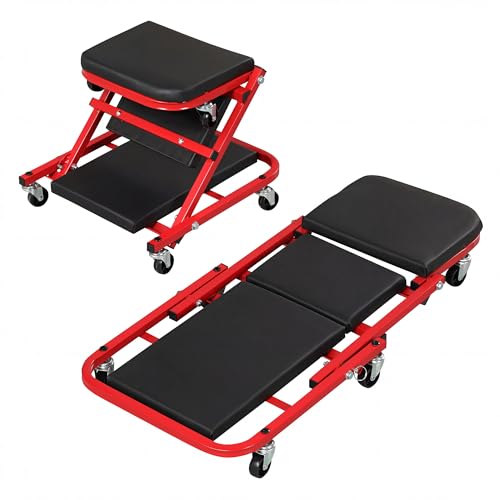 IRONMAX Folding Mechanic Z-Creeper, 2-in-1 Automotive Creeper & Stool, 36" Rolling Garage Tool with Padded Seat & 6 Swivel Casters, 400 LBS Capacity, Lay Down Sit for Under Car Repair (Red, 36-inch)