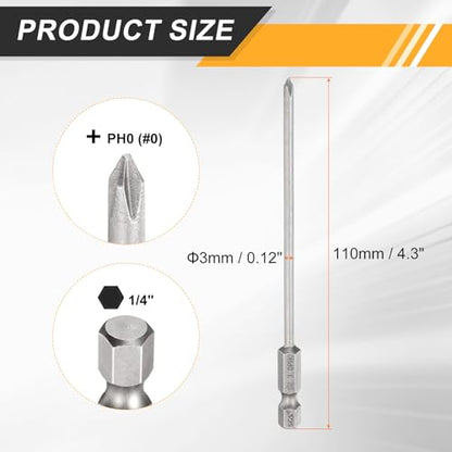 HARFINGTON 4pcs #0 Phillips Screwdriver Bit PH0 1/4" Hex Shank 4.3" (110mm) Long 0.12" Rod Magnetic Cross Head Drill Bits S2 Steel Industrial Screw Driver Bit for Electric Power Tools, Gray - size: PH0 x 4.3" x 0.12"