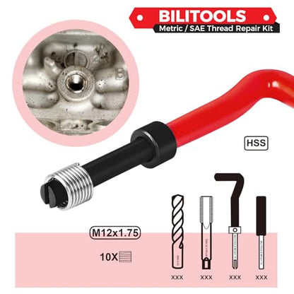 BILITOOLS M12x1.75 Helicoil Thread Repair Kit Metric, HSS Drill Heli Coil Repair Kit - size: M12 x 1.75, style: Metric
