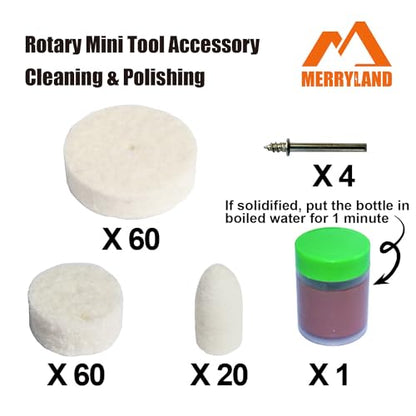 Merryland Flet Polishing Wheel for Dremel 145pcs, Polishing Pad Buffing Wheel Cone 140pcs Polishing Compound Paste 1pcs and Mandrel 4pcs, Rotary Tool Accessory Set Electric Power Tool DIY, RMTA145C1 - style: 1" , 1/2", Bullet Felt Wheel 145pcs