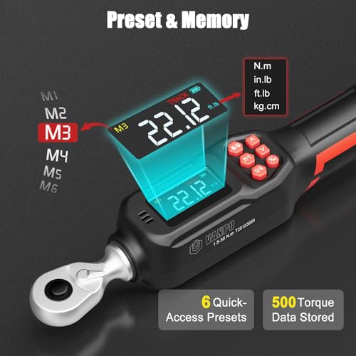 VANPO 1/4 Drive Digital Torque Wrench Set 1.11-22.12 ft.lb, ±2% Accuracy | 1.5-30 N.m Electronic Torque Wrench Set with Bits & Sockets, Buzzer/LED Indicator Alarm, for Carbon Fiber Bike, Motorcycle - size: 1/4-Inch (1.11-22.12 ft.lb/1.5-30 N.m)