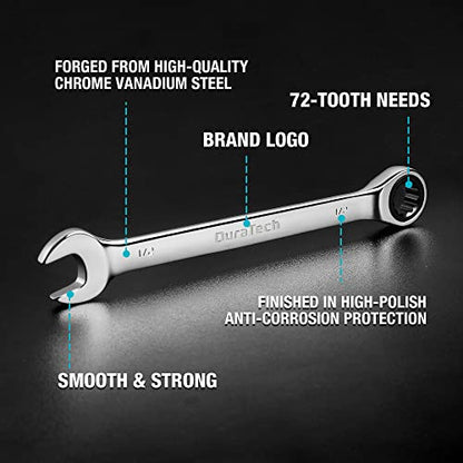 DURATECH Ratcheting Wrench Set, Combination Wrench Set, SAE & Metric, 22-piece, 1/4" to 3/4" & 6-18mm, CR-V Steel, with Pouch - style: Regular