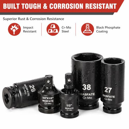 1/2" Metric Impact Socket Set 12PCS, CR-MO, 6-Point,27-38mm | 78mm Deep Socket set, Includes 3/4" to 1/2" Adapter & U-Joint. Ideal heavy-duty kit for car and truck lug nut repair - size: 1/2" | Metric|12-PCS