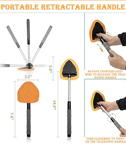 Car Windshield Cleaner Tool with Reusable Microfiber Pads Extendable Handle (1, Orange) - color: Orange